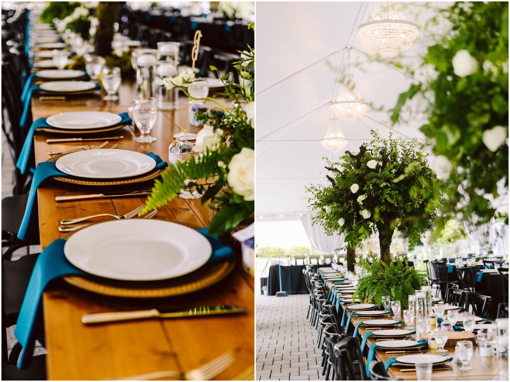 Snohomish Wedding Photographer GSquared Weddings A beautifully set outdoor dining table with white plates, teal napkins, and gold utensils. The setting features lush green foliage and white flowers as centerpieces under a white tent with chandeliers. Serving Seattle, Snohomish and Orlando