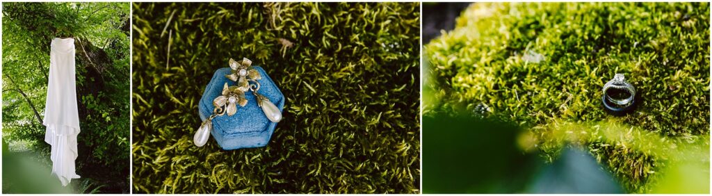 Snohomish Wedding Photographer GSquared Weddings A collage of three images: a white dress hanging outdoors on the left, pearl and gold earrings on a blue box in the center, and two rings placed on green moss on the right. The setting is lush and green. Serving Seattle, Snohomish and Orlando