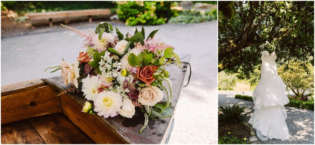 Snohomish Wedding Photographer GSquared Weddings A close-up of a bouquet featuring white, pink, and peach flowers on a wooden surface. Beside it, a lacy white wedding dress hangs from a tree branch in a sunny garden with greenery in the background. Serving Seattle, Snohomish and Orlando