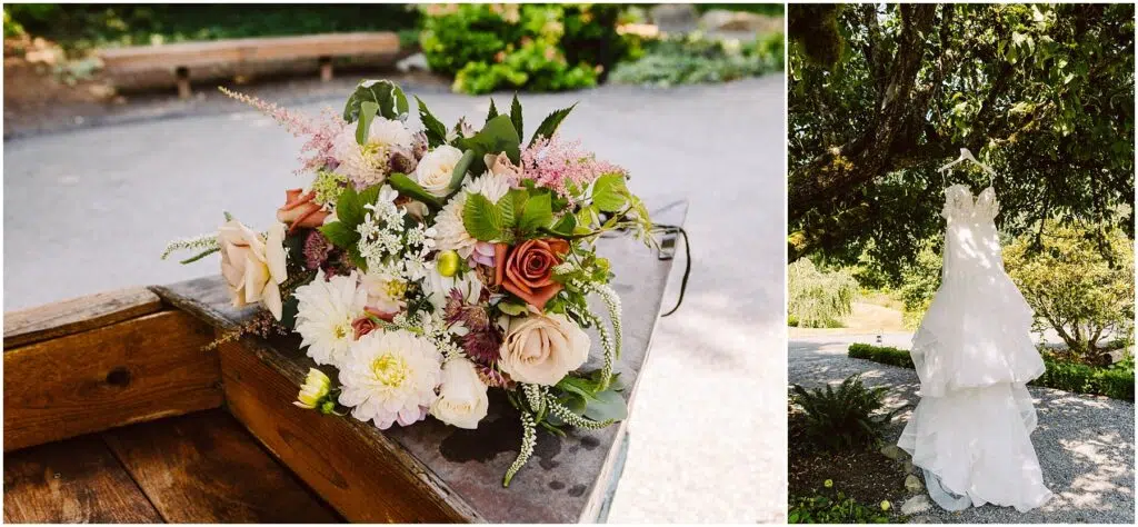 Snohomish Wedding Photographer GSquared Weddings A close-up of a bouquet featuring white, pink, and peach flowers on a wooden surface. Beside it, a lacy white wedding dress hangs from a tree branch in a sunny garden with greenery in the background. Serving Seattle, Snohomish and Orlando