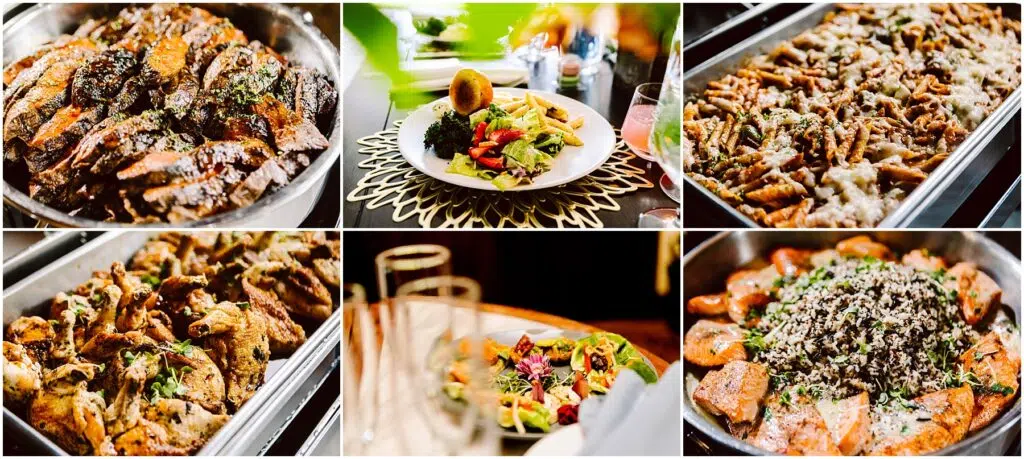 Snohomish Wedding Photographer GSquared Weddings A collage of six images showing various dishes: roasted chicken, a plate of mixed salad with a roll, a platter of pasta, seasoned meats in trays, a fresh salad, and a dish topped with chopped herbs. Serving Seattle, Snohomish and Orlando