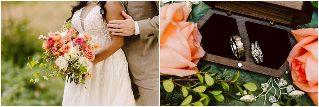 Snohomish Wedding Photographer GSquared Weddings On the left, a bride holds a vibrant bouquet with pink and white flowers, while a groom stands beside her. On the right, wedding rings are displayed in a wooden box surrounded by pink roses and green leaves. Serving Seattle, Snohomish and Orlando