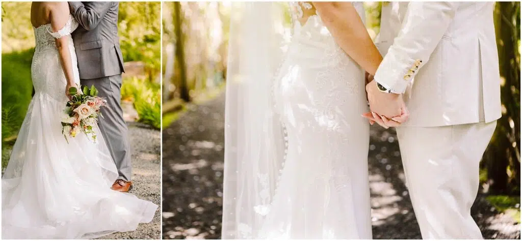 Snohomish Wedding Photographer GSquared Weddings A couple holds hands on a sunlit path. The bride wears a lace wedding dress and holds a bouquet of roses. The groom is in a light-colored suit and brown shoes. Greenery lines the path, creating a serene, romantic setting. Serving Seattle, Snohomish and Orlando