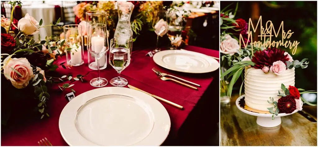 Snohomish Wedding Photographer GSquared Weddings Elegant table setting with white plates and gold utensils on a burgundy tablecloth, surrounded by floral centerpieces with roses and candles. On the right, a small white cake with red flowers and a Mr & Mrs topper. Serving Seattle, Snohomish and Orlando