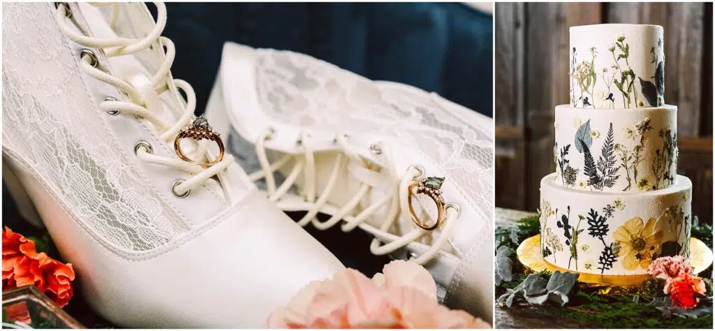 Snohomish Wedding Photographer GSquared Weddings Close-up of elegant white lace-up bridal shoes with rings on the laces, surrounded by pink flowers on the left. On the right, a three-tiered wedding cake decorated with floral designs. Serving Seattle, Snohomish and Orlando