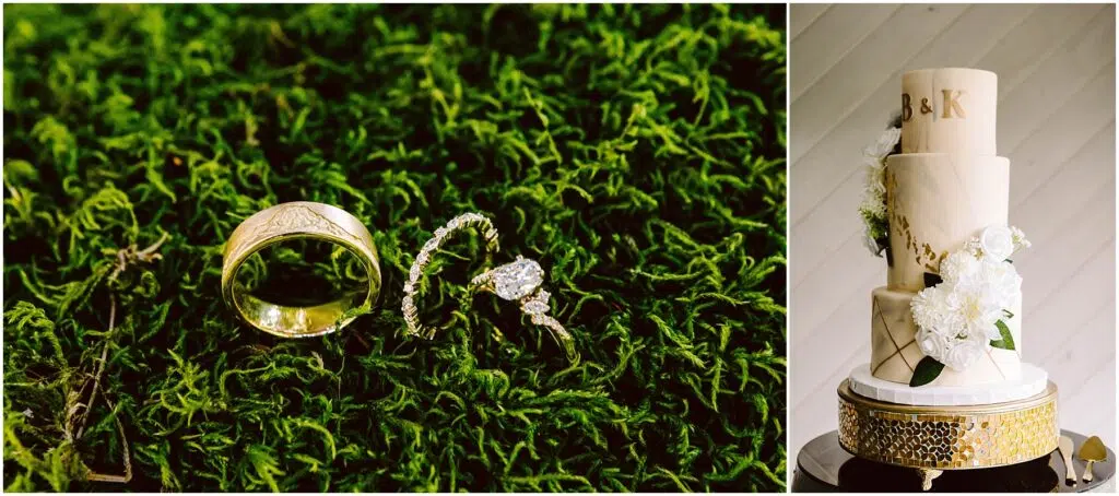 Snohomish Wedding Photographer GSquared Weddings A gold wedding ring and a silver ring with a diamond sit on green moss. Next to this, a three-tiered white wedding cake adorned with white flowers is displayed on a decorative stand. Serving Seattle, Snohomish and Orlando
