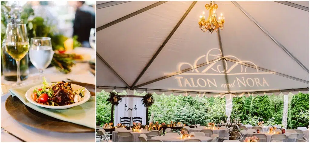Snohomish Wedding Photographer GSquared Weddings A tented reception features elegant dining settings with wine glasses and a dish with salad. A chandelier hangs above, and the tent wall is illuminated with the names Talon and Nora. Lush greenery surrounds the venue. Serving Seattle, Snohomish and Orlando