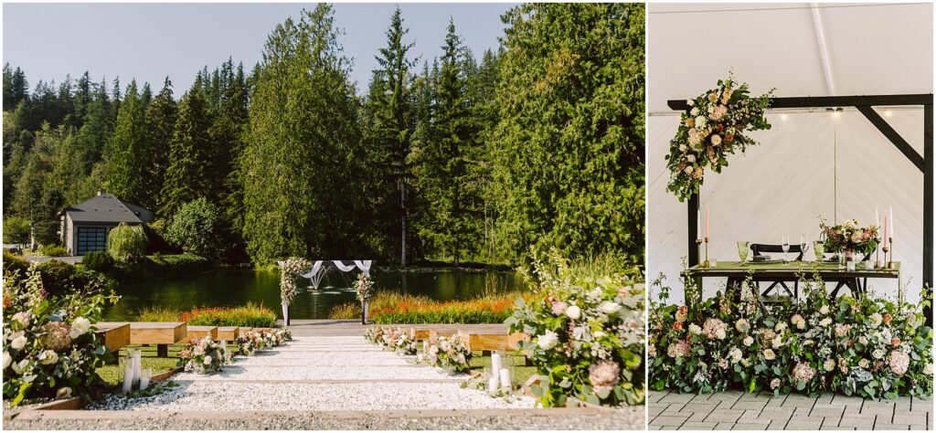 Snohomish Wedding Photographer GSquared Weddings A wedding ceremony setup by a lake. The aisle is lined with flowers leading to an arch of greenery. On the right, a decorated table with floral arrangements is under a wooden pergola. Tall trees surround the serene setting. Serving Seattle, Snohomish and Orlando