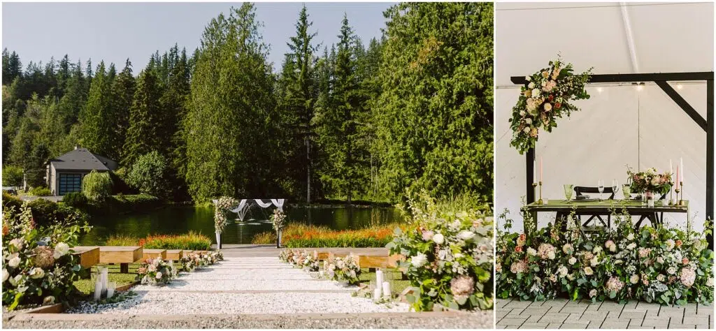 Snohomish Wedding Photographer GSquared Weddings A wedding ceremony setup by a lake. The aisle is lined with flowers leading to an arch of greenery. On the right, a decorated table with floral arrangements is under a wooden pergola. Tall trees surround the serene setting. Serving Seattle, Snohomish and Orlando