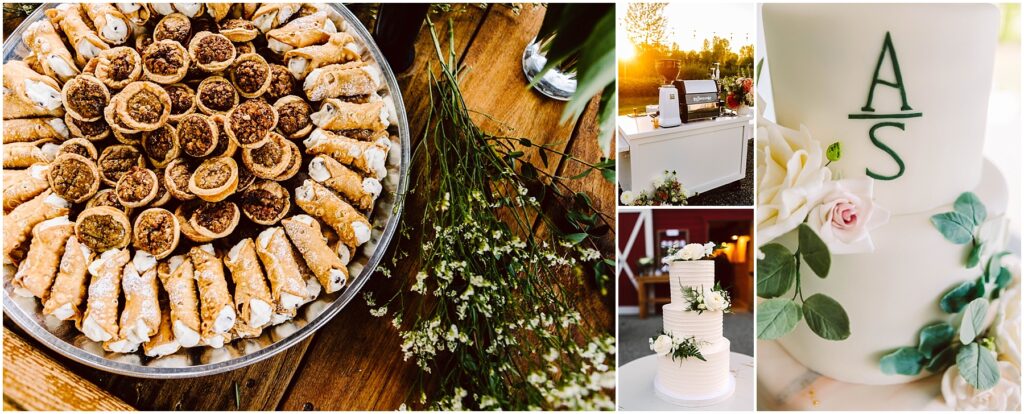 Snohomish Wedding Photographer GSquared Weddings Collage of a wedding dessert setup: a platter of cannoli and cookies, a rustic table with floral decor, an outdoor scene with a coffee station, and a round three-tiered white cake adorned with greenery and the letters A and S. Serving Seattle, Snohomish and Orlando