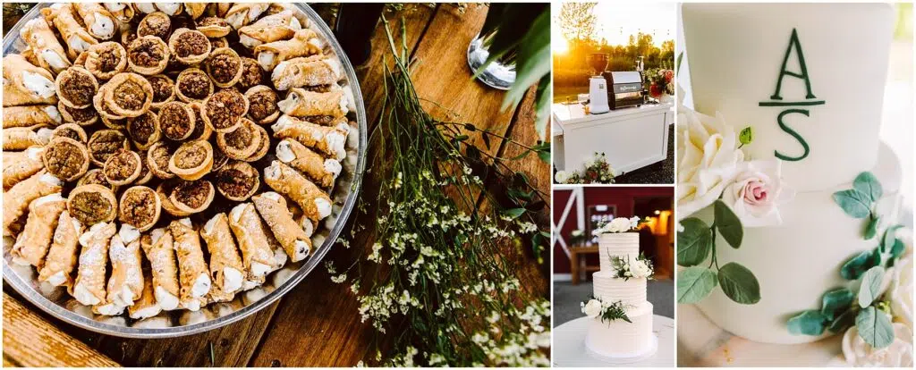 Snohomish Wedding Photographer GSquared Weddings Collage of a wedding dessert setup: a platter of cannoli and cookies, a rustic table with floral decor, an outdoor scene with a coffee station, and a round three-tiered white cake adorned with greenery and the letters A and S. Serving Seattle, Snohomish and Orlando
