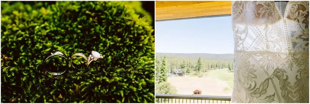 Snohomish Wedding Photographer GSquared Weddings Close-up of wedding rings on moss (left) and a view through lace curtains showing a green landscape with trees and hills in the background (right). Serving Seattle, Snohomish and Orlando