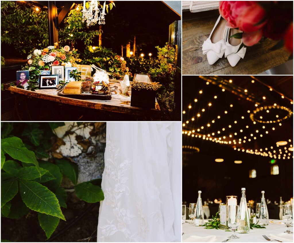 Snohomish Wedding Photographer GSquared Weddings Collage of a wedding scene: a table with photos and books adorned with flowers, white shoes with bows near pink flowers, a leafy plant next to a white dress, and a banquet table under string lights with candles and bottles. Serving Seattle, Snohomish and Orlando