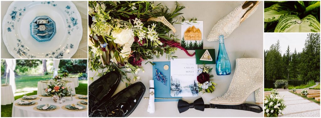 Snohomish Wedding Photographer GSquared Weddings A collage of wedding preparation images: rings in a case, floral decorations, invitation cards, sparkling boots, black shoes, plates on a table, and scenic outdoor views with trees and a pond. Serving Seattle, Snohomish and Orlando