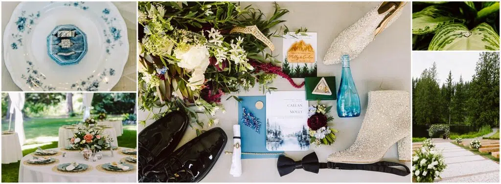 Snohomish Wedding Photographer GSquared Weddings A collage of wedding preparation images: rings in a case, floral decorations, invitation cards, sparkling boots, black shoes, plates on a table, and scenic outdoor views with trees and a pond. Serving Seattle, Snohomish and Orlando
