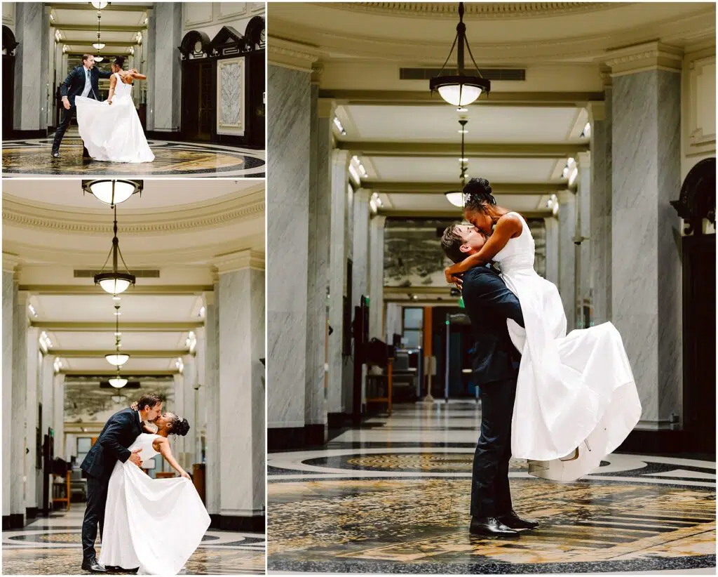Snohomish Wedding Photographer GSquared Weddings A couple in wedding attire is dancing in a grand hallway with marble columns and intricate floor designs. The groom lifts the bride joyfully in two different poses, showcasing their happiness. The setting is elegant and well-lit. Serving Seattle, Snohomish and Orlando