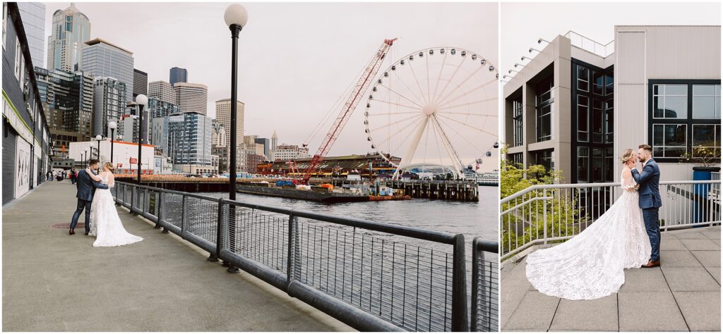Snohomish Wedding Photographer GSquared Weddings A couple in wedding attire poses at a city waterfront with skyscrapers and a Ferris wheel in the background. In the second frame, they share a kiss on a rooftop surrounded by modern buildings. Serving Seattle, Snohomish and Orlando