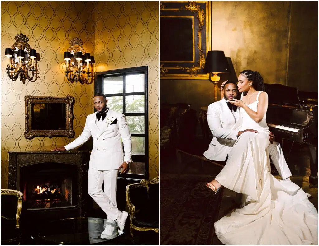 Snohomish Wedding Photographer GSquared Weddings Left: A man in a white suit stands by a lit fireplace in an elegant room with golden wallpaper and ornate sconces. Right: A couple in formal attire sits together by a grand piano, sharing a tender moment in a warmly lit, luxurious setting. Serving Seattle, Snohomish and Orlando
