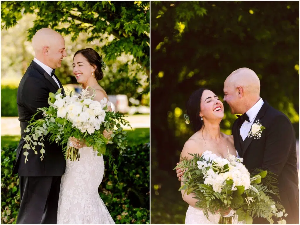 Snohomish Wedding Photographer GSquared Weddings A couple dressed in wedding attire smiles and embraces outdoors. The bride holds a large bouquet of white flowers with greenery. They are under a lush green tree, sharing joyful and tender moments. Serving Seattle, Snohomish and Orlando