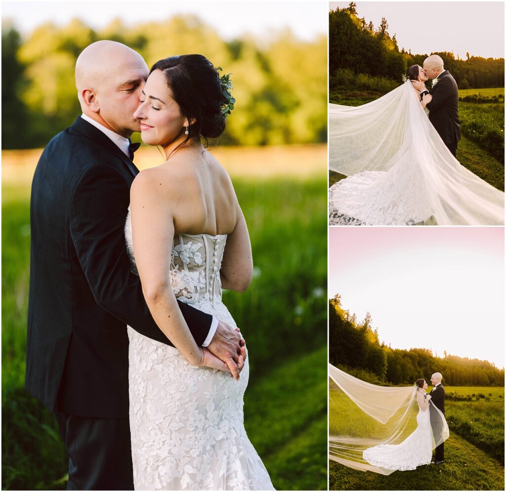 Snohomish Wedding Photographer GSquared Weddings A couple embraces in a field during their wedding photoshoot. The bride wears a lace gown with a long veil, and the groom is in a black suit. There are three photos, capturing them sharing intimate moments beneath a clear sky. Serving Seattle, Snohomish and Orlando