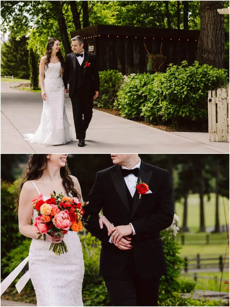 Snohomish Wedding Photographer GSquared Weddings A bride in a white lace dress and a groom in a black suit walk on a path lined with greenery. Shes holding a vibrant bouquet of red, orange, and pink flowers. They smile at each other, arms linked, with a rustic wooden building nearby. Serving Seattle, Snohomish and Orlando