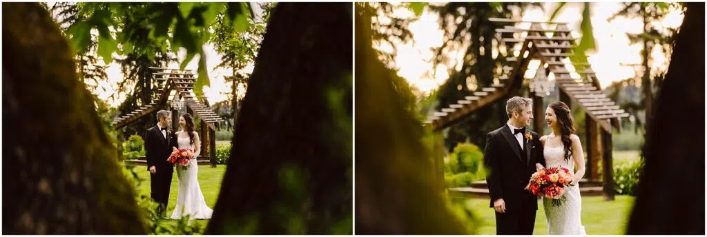 Snohomish Wedding Photographer GSquared Weddings A bride and groom stand together in a lush garden setting. The bride holds a vibrant bouquet of flowers. An arched wooden structure and trees are in the background. Two similar images are shown side by side. Serving Seattle, Snohomish and Orlando