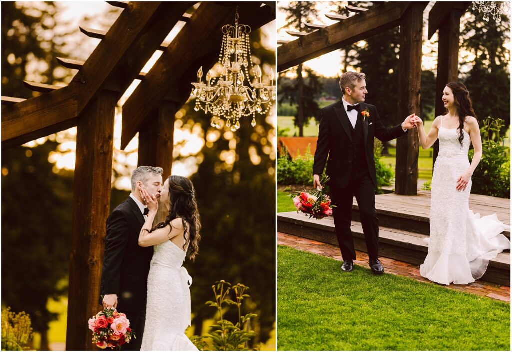 Snohomish Wedding Photographer GSquared Weddings A bride and groom share a kiss under a wooden pergola with a chandelier. They walk hand-in-hand, smiling, on a grassy lawn. The groom holds a bouquet of pink and orange flowers. The background features trees and a soft, warm sunset light. Serving Seattle, Snohomish and Orlando