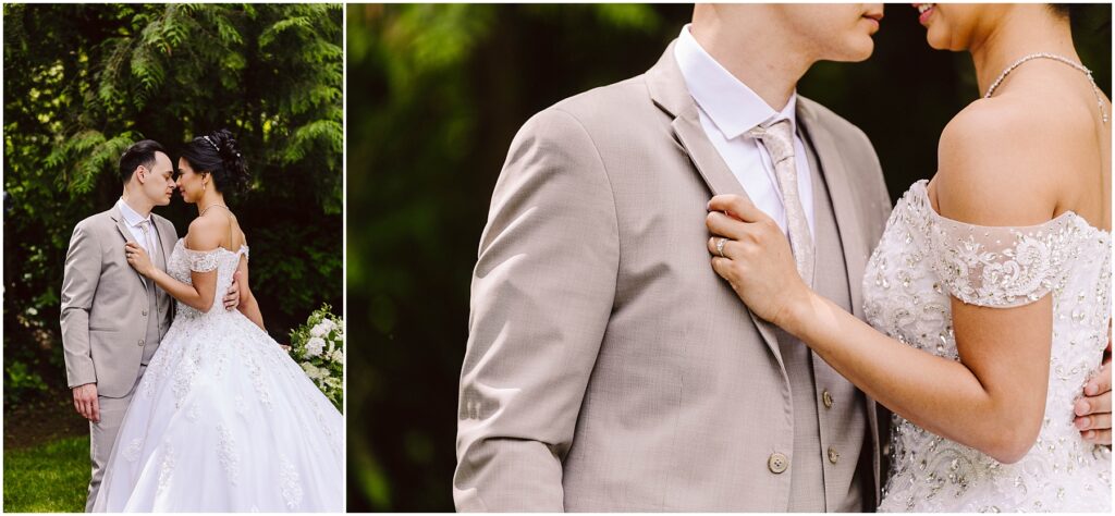 Snohomish Wedding Photographer GSquared Weddings A bride and groom stand together outdoors. The bride wears an ornate, off-shoulder white gown, and the groom is in a light grey suit. They embrace closely, with greenery in the background. Serving Seattle, Snohomish and Orlando