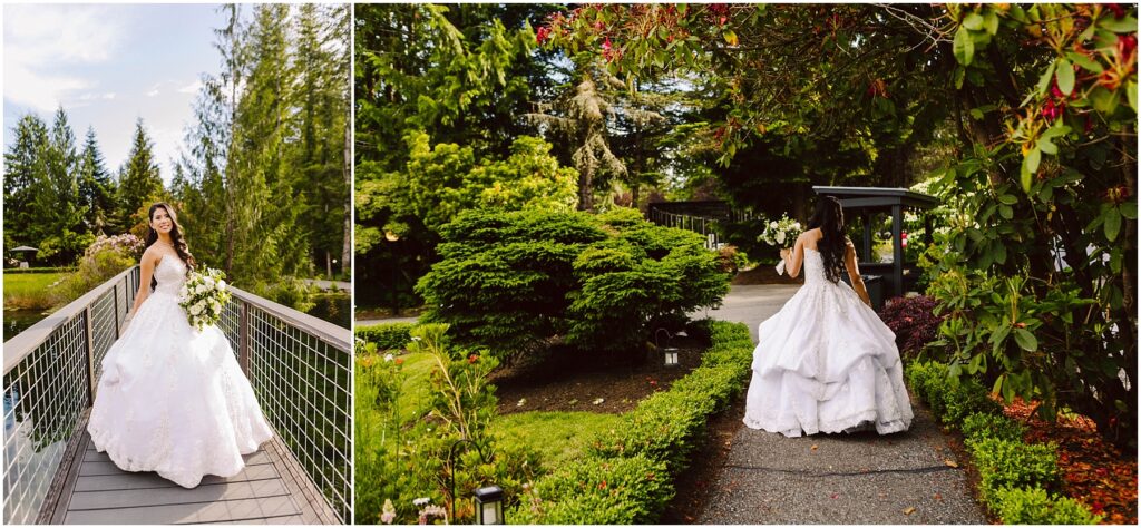 Snohomish Wedding Photographer GSquared Weddings A bride in a white wedding gown walks along a scenic garden path. The first image shows her smiling on a bridge, holding a bouquet. The second image captures her from behind, walking towards a lush, green garden with vibrant plants. Serving Seattle, Snohomish and Orlando