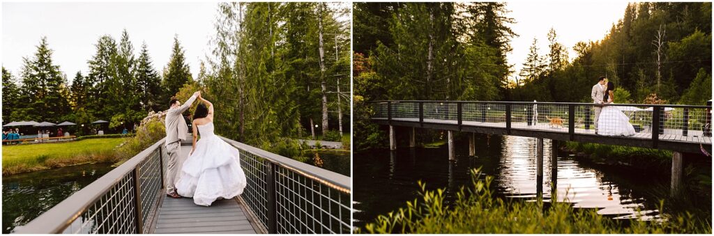 Snohomish Wedding Photographer GSquared Weddings A couple dances on a wooden bridge surrounded by lush trees and a tranquil river. The groom twirls the bride, who wears a white dress, as they enjoy a serene moment in nature. The scene is peaceful and romantic. Serving Seattle, Snohomish and Orlando