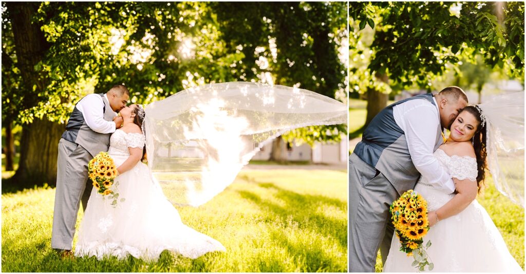 Snohomish Wedding Photographer GSquared Weddings A bride in a white dress holds sunflowers and kisses a groom in a grey suit. Her veil flows dramatically in the breeze. They stand outdoors under a tree in sunlight. Another image shows the couple embracing closely, smiling. Serving Seattle, Snohomish and Orlando
