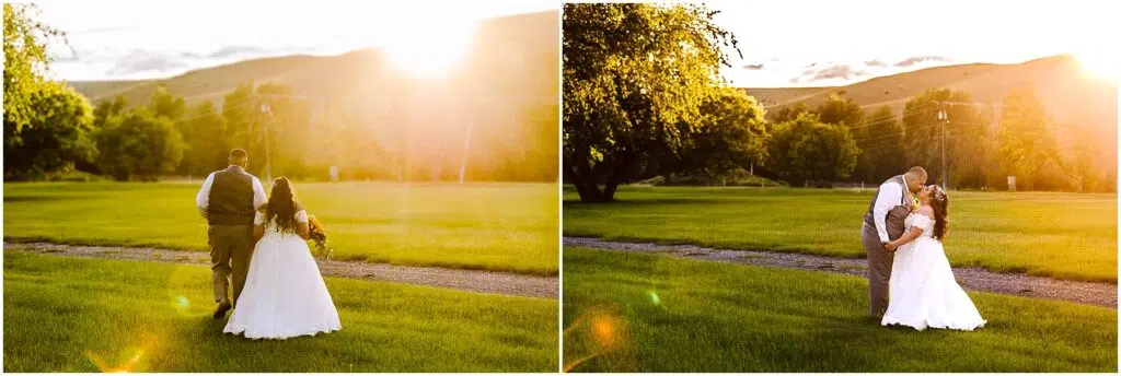 Snohomish Wedding Photographer GSquared Weddings A couple in wedding attire walks through a grassy field at sunset. The groom, in a vest and pants, holds the brides hand as they walk. In the second frame, they share an embrace with sunlight illuminating the scene. Trees and hills are in the background. Serving Seattle, Snohomish and Orlando