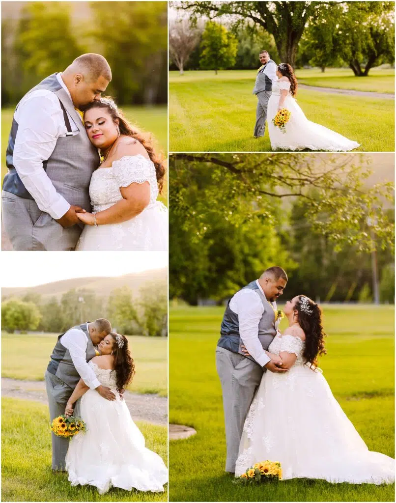 Snohomish Wedding Photographer GSquared Weddings A bride and groom in a park share romantic moments. The bride wears a white dress and holds sunflowers, and the groom is in a gray suit. They embrace and gaze at each other surrounded by green grass and trees. Serving Seattle, Snohomish and Orlando