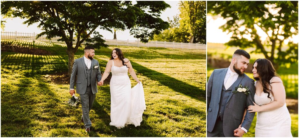 Snohomish Wedding Photographer GSquared Weddings A couple in wedding attire walks hand-in-hand on a sunny lawn. The bride wears a strapless white gown, and the groom wears a gray suit. They smile at each other, with trees and a white fence in the background. Serving Seattle, Snohomish and Orlando