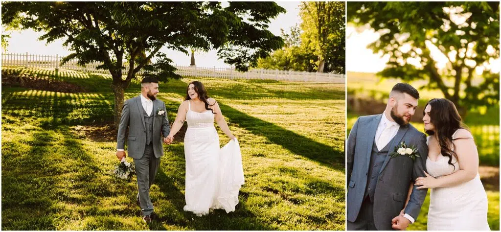 Snohomish Wedding Photographer GSquared Weddings A couple in wedding attire walks hand-in-hand on a sunny lawn. The bride wears a strapless white gown, and the groom wears a gray suit. They smile at each other, with trees and a white fence in the background. Serving Seattle, Snohomish and Orlando