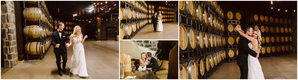Snohomish Wedding Photographer GSquared Weddings A newlywed couple celebrates in a wine cellar. They walk hand in hand, hug, and dance surrounded by stacked wine barrels. In a cozy corner, they sit on a couch, sharing drinks and laughter. The ambiance is romantic and rustic. Serving Seattle, Snohomish and Orlando