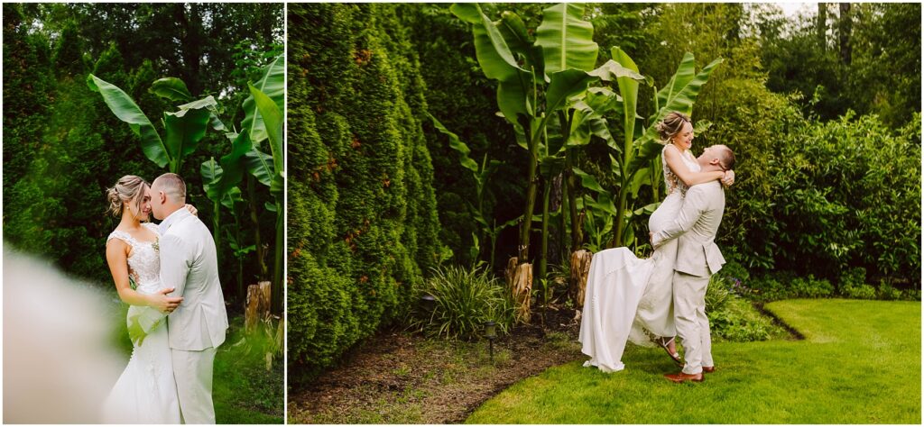 Snohomish Wedding Photographer GSquared Weddings A couple in wedding attire embrace in a lush, green garden. The groom lifts the bride, surrounded by tall banana plants and neatly trimmed hedges. The bride wears a white gown, and both appear joyful and in love. Serving Seattle, Snohomish and Orlando