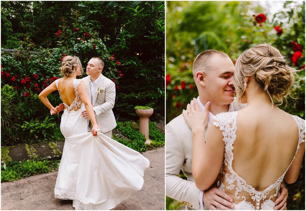 Snohomish Wedding Photographer GSquared Weddings A couple dances in a garden, surrounded by lush greenery and red flowers. The bride wears a white dress with lace details and an open back. The groom is dressed in a light suit. They appear joyful and close, sharing a tender moment. Serving Seattle, Snohomish and Orlando