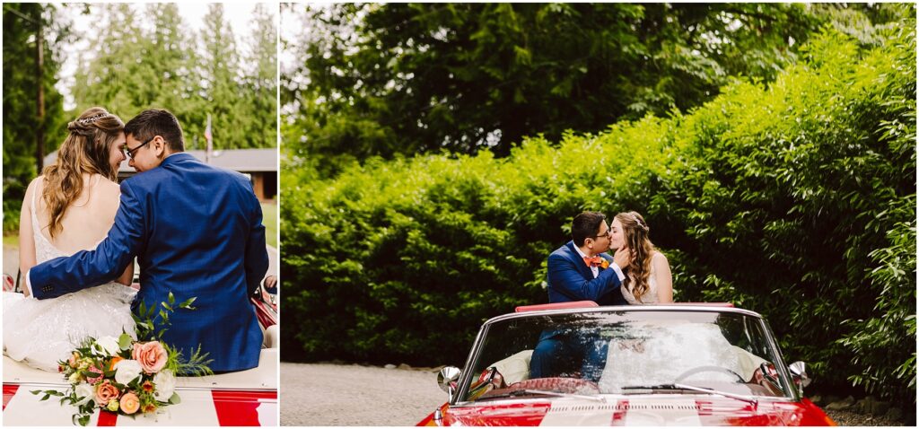 Snohomish Wedding Photographer GSquared Weddings A bride and groom sit on the back of a red convertible car, surrounded by lush greenery. The bride wears a white dress and the groom a blue suit. In another frame, they share a kiss while seated in the car. A bouquet of flowers rests nearby. Serving Seattle, Snohomish and Orlando