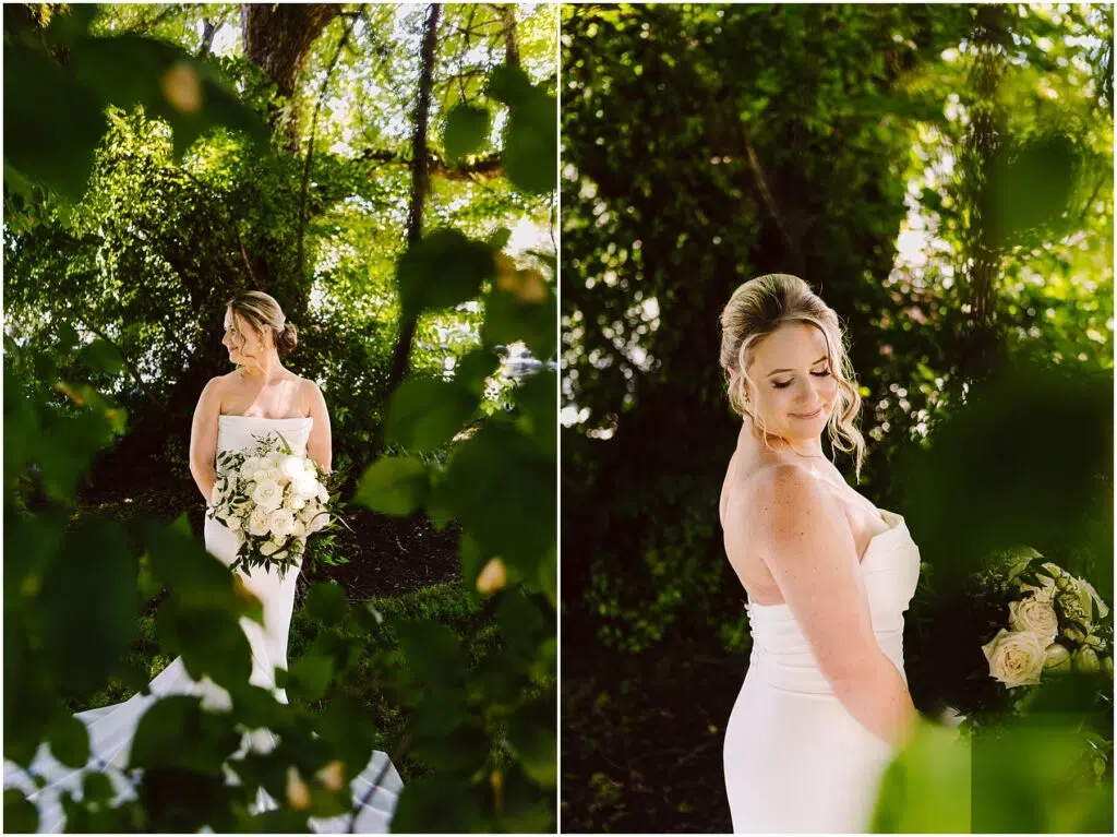 Snohomish Wedding Photographer GSquared Weddings Bride in a strapless white dress holding a bouquet of white flowers, surrounded by greenery. She stands among foliage, looking to the side in both images. Sunlight filters through the leaves, creating a serene and natural atmosphere. Serving Seattle, Snohomish and Orlando