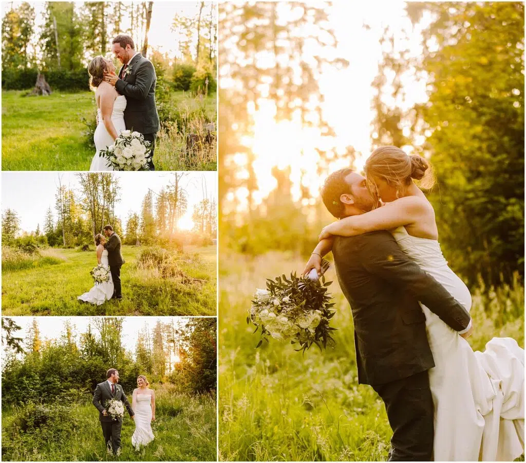 Snohomish Wedding Photographer GSquared Weddings A couple in wedding attire embraces in a sunlit, grassy field surrounded by trees. The bride holds a bouquet, and they appear joyful and affectionate, with the sun setting behind them, casting a warm glow. Serving Seattle, Snohomish and Orlando