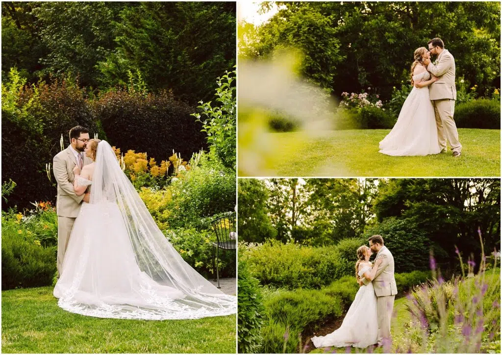 Snohomish Wedding Photographer GSquared Weddings A bride and groom embrace in a lush garden under sunlight. The bride wears a white gown with a long veil, and the groom wears a light suit. They share intimate moments surrounded by greenery and colorful flowers. Serving Seattle, Snohomish and Orlando