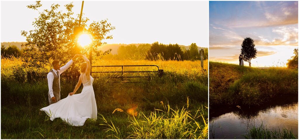 Snohomish Wedding Photographer GSquared Weddings A couple in wedding attire dances near a fence in a sunlit field, with a glowing sunset behind them. To the right, they are silhouetted against a colorful sky, standing near a tree and reflecting in a serene pond. Serving Seattle, Snohomish and Orlando