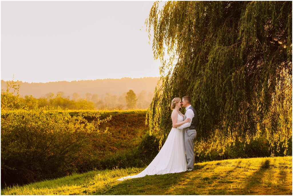 Snohomish Wedding Photographer GSquared Weddings A couple stands under a large, hanging willow tree during sunset. The bride wears a long white gown, and the groom is in light-colored attire. The golden sunlight casts a warm glow over the grassy hillside and distant trees. Serving Seattle, Snohomish and Orlando