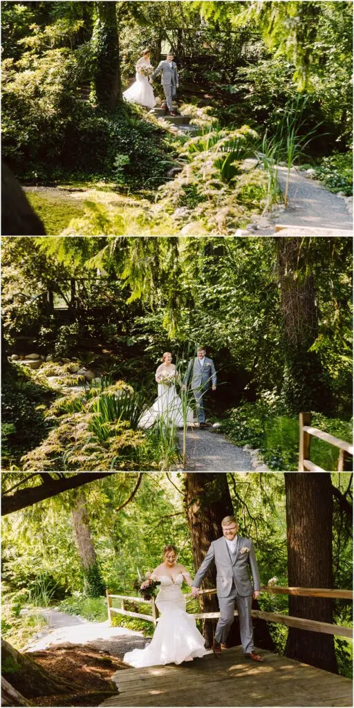 Snohomish Wedding Photographer GSquared Weddings A bride in a white dress and a groom in a gray suit walk through a lush, green garden. They hold hands and smile, surrounded by trees and plants, with sunlight filtering through the leaves. The setting is serene and picturesque. Serving Seattle, Snohomish and Orlando