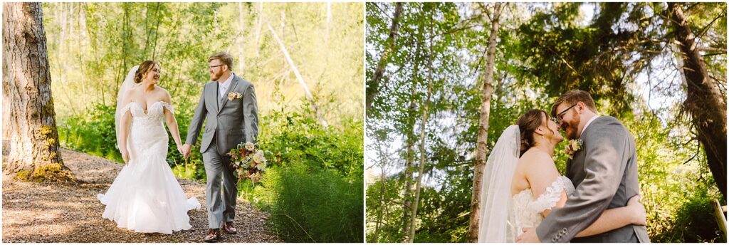 Snohomish Wedding Photographer GSquared Weddings A bride in a white gown and a groom in a gray suit walk hand in hand through a wooded area, smiling. They are surrounded by lush green trees, with light filtering through the leaves. In another image, they share a romantic embrace under the trees. Serving Seattle, Snohomish and Orlando