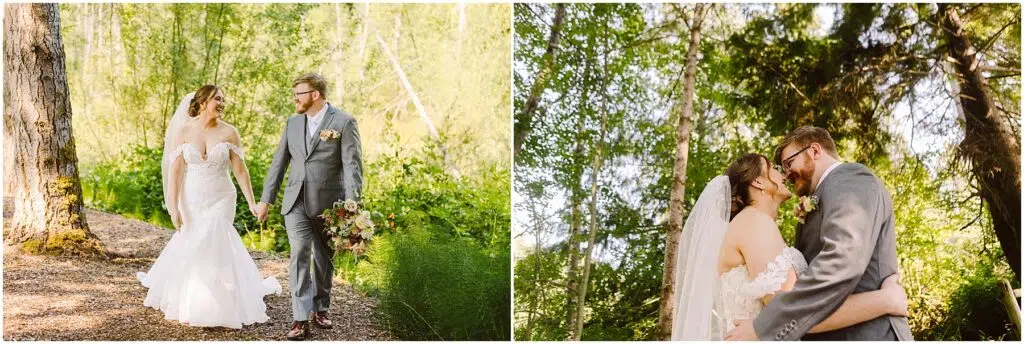 Snohomish Wedding Photographer GSquared Weddings A bride in a white gown and a groom in a gray suit walk hand in hand through a wooded area, smiling. They are surrounded by lush green trees, with light filtering through the leaves. In another image, they share a romantic embrace under the trees. Serving Seattle, Snohomish and Orlando
