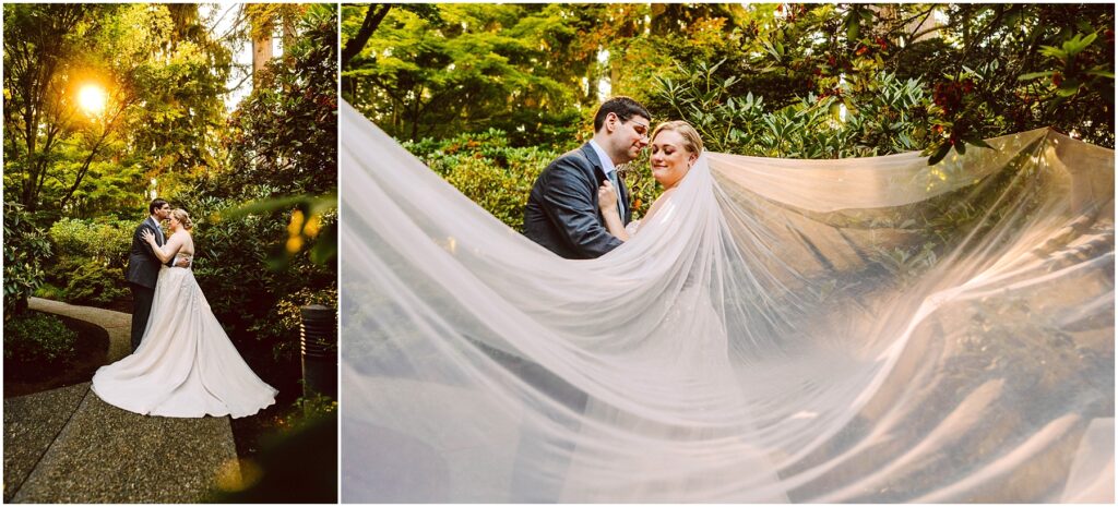 Snohomish Wedding Photographer GSquared Weddings A bride and groom embrace on a garden path surrounded by lush greenery, with the sun setting behind them. The brides long veil flows elegantly in the breeze. Serving Seattle, Snohomish and Orlando