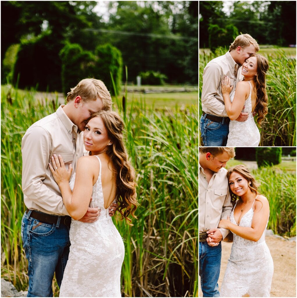 Snohomish Wedding Photographer GSquared Weddings A couple poses lovingly outdoors, surrounded by tall grass. The man, in a beige shirt and jeans, embraces the woman, who wears a white lace dress. They appear happy and relaxed, holding hands and smiling at each other. Serving Seattle, Snohomish and Orlando