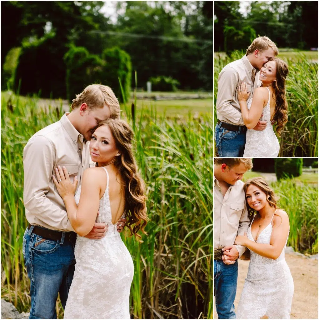 Snohomish Wedding Photographer GSquared Weddings A couple poses lovingly outdoors, surrounded by tall grass. The man, in a beige shirt and jeans, embraces the woman, who wears a white lace dress. They appear happy and relaxed, holding hands and smiling at each other. Serving Seattle, Snohomish and Orlando
